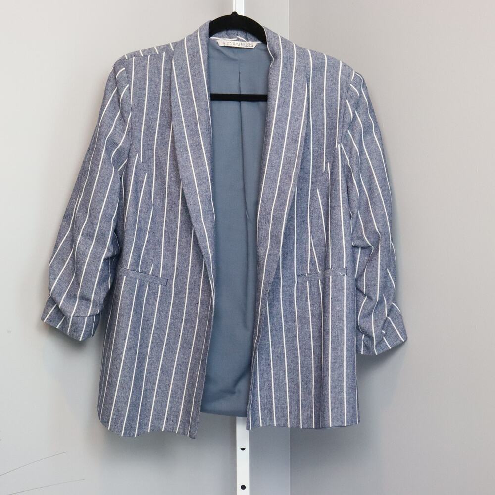 Dictionary Blue & White Striped Blazer Ruched Sleeves Size‎ L